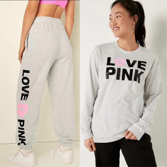 NWOT VS PINK ORIGINALS CAMPUS HEATHER GRAY BLING 2 PIECE SET JOGGERS AND T-SHIRT - Picture 14 of 17
